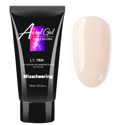 Black tube of Acryl Gel Professional LT. Pink nail gel with a matching nail color on a white background