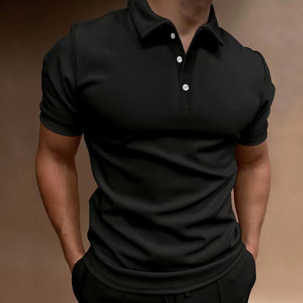 Black polo shirt worn by a person on a brown background