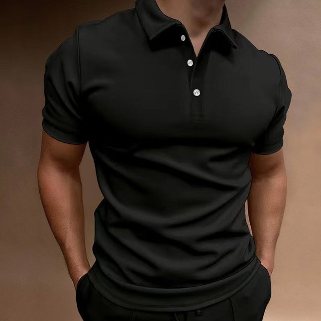 Black polo shirt worn by a person on a brown background