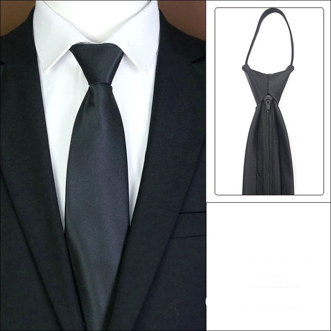 Black tie with knot-free zipper feature on a suit