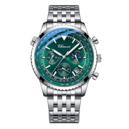 Men’s sports quartz watch with silver case and green stainless steel strap, modern versatile style.
