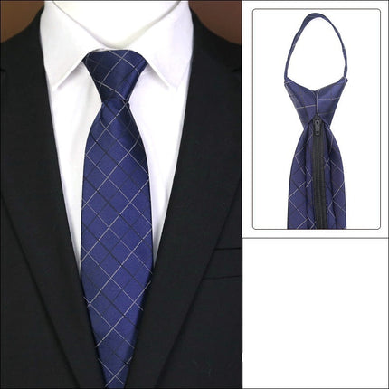 Blue checkered tie with a knot-free zipper feature on a suit, with close-up inset.