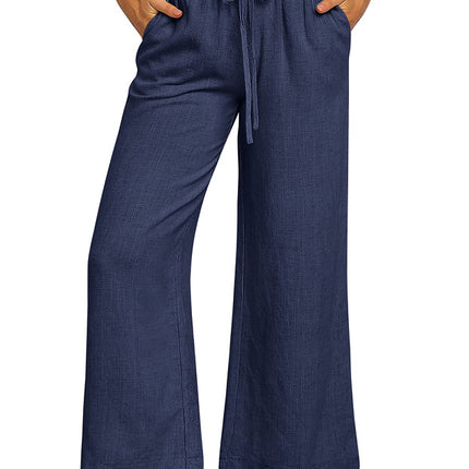 Navy blue wide-leg pants worn by a person on a white background