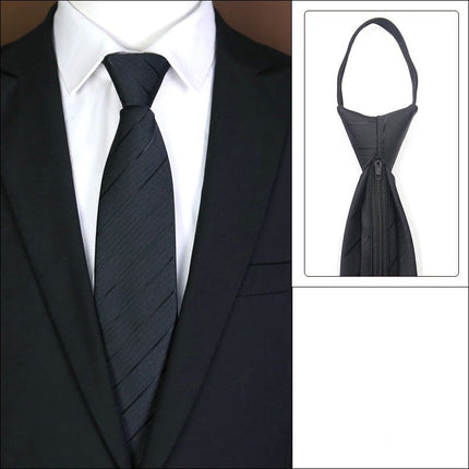 Black tie with zipper design worn with a suit, inset showing the knot-free zipper design.
