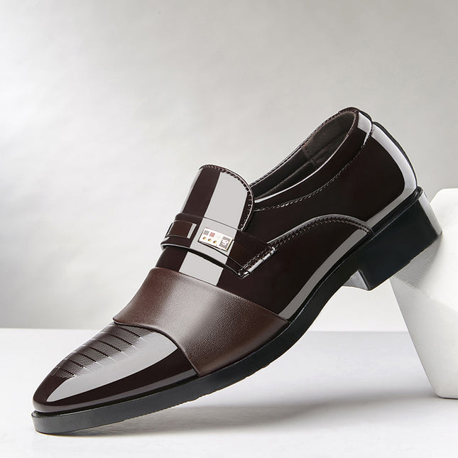Brown dress shoe with a buckle on a white background