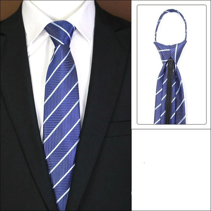 Blue striped tie with knot-free zipper feature on a suit.