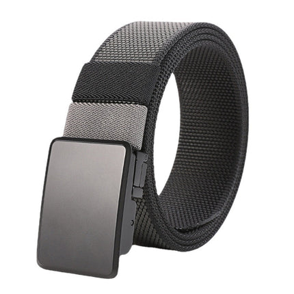 Black and gray belt with a rectangular buckle on a white background
