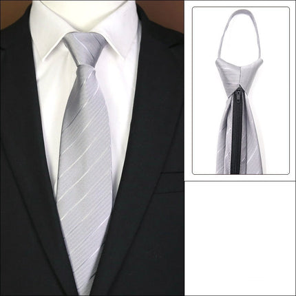 Zipper tie worn with a suit and close-up of product on a white background