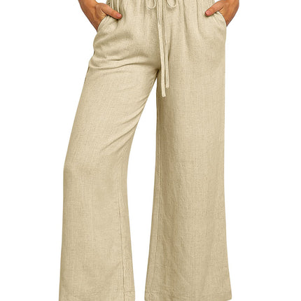 Beige wide-leg pants with a drawstring waist on a white background