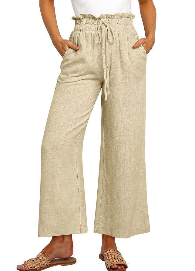 Beige wide-leg pants with a drawstring waist on a white background