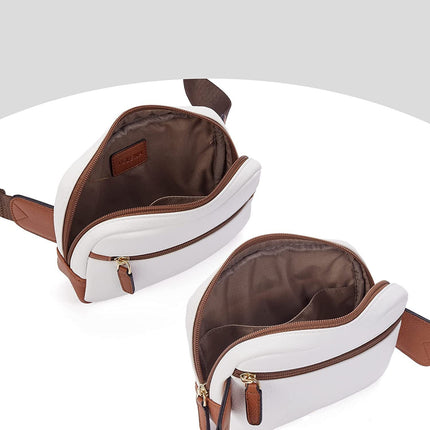 White waist bag with brown accents and open compartments on a white background