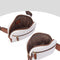 White waist bag with brown accents and open compartments on a white background