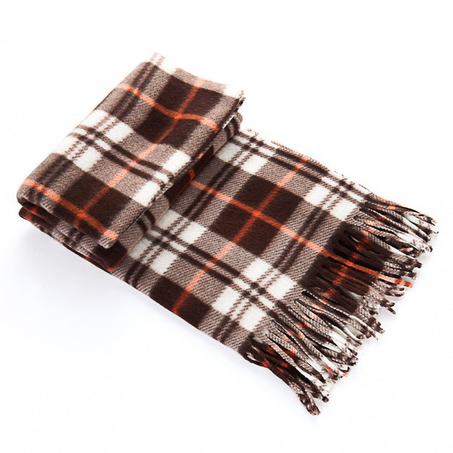 Plaid blanket with brown, white, and orange colors on a white background