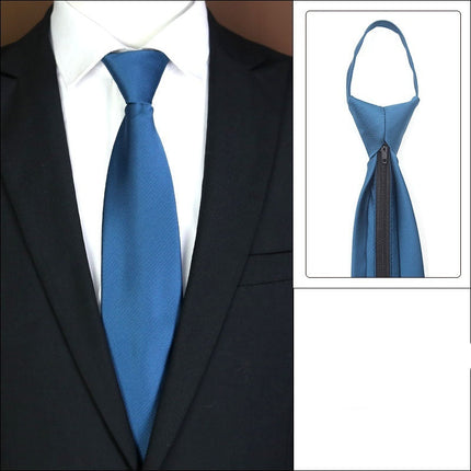 Blue tie with a zipper mechanism worn with a black suit and white shirt, inset showing the tie's design.