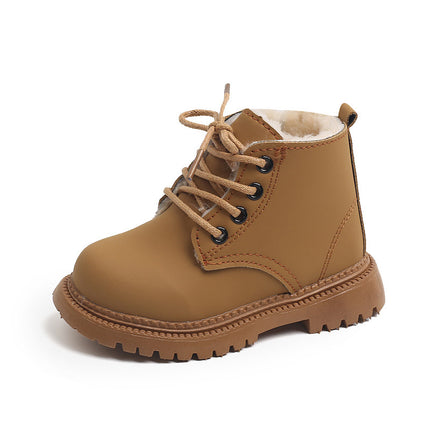 Brown children's boot with laces on a white background