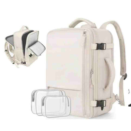 Beige backpack with additional compartments on a white background