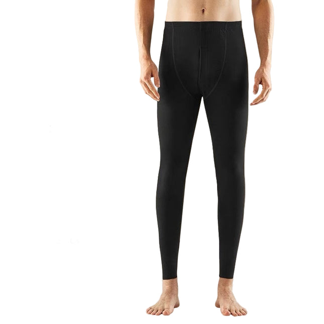 Black thermal pants with features listed on a beige background