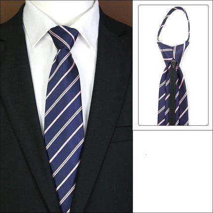 Navy striped tie with knot-free zipper feature on a suit, with product details on the right.