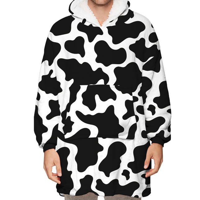 Hoodie with black and white cow print pattern on a white background