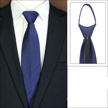 Blue tie with a zipper mechanism worn by a person, with an inset showing the tie's design.