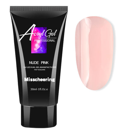 Black Acryl Gel tube with nude pink color swatch on a white background
