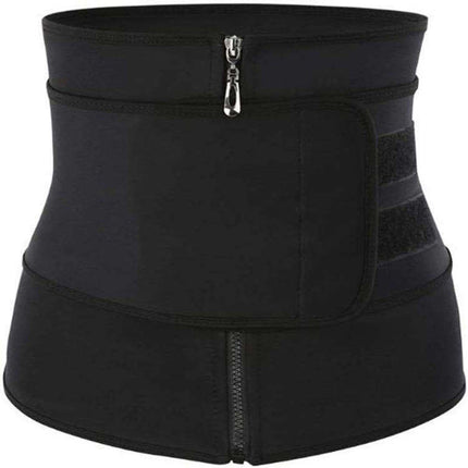 Black waist trainer with a zipper on a white background