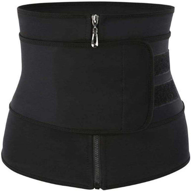 Black waist trainer with a zipper on a white background