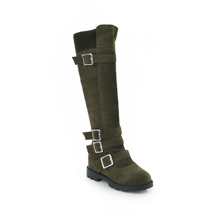 Green knee-high boot with buckles on a white background