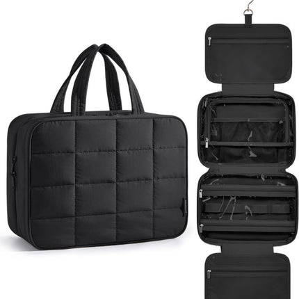 Black travel organizer with a quilted design on a white background