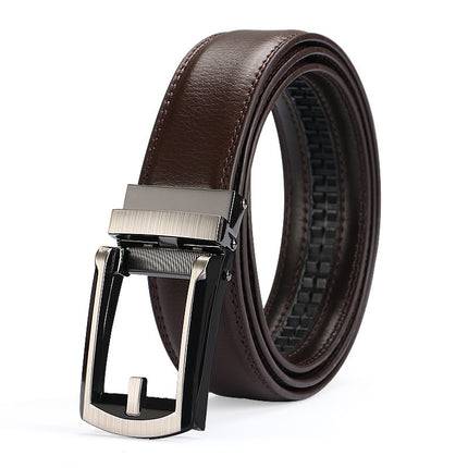 Brown leather belt with silver buckle on a white background