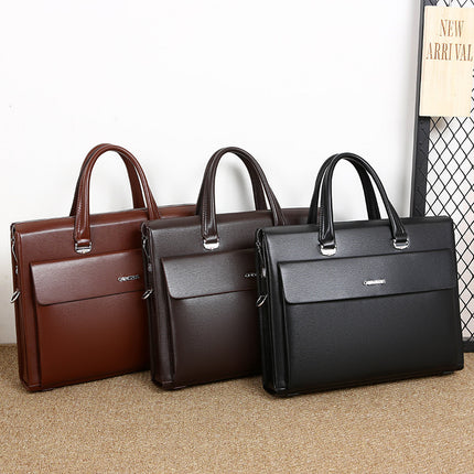 Three leather briefcases in brown, black, and dark brown on a beige surface.