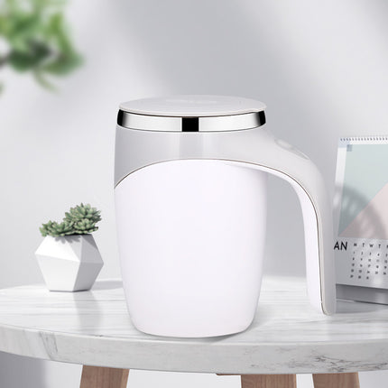 White cylindrical container with metallic top on a marble surface