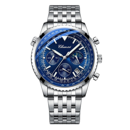 Stylish men’s watch with silver case and blue stainless steel strap, durable alloy case and mineral glass.