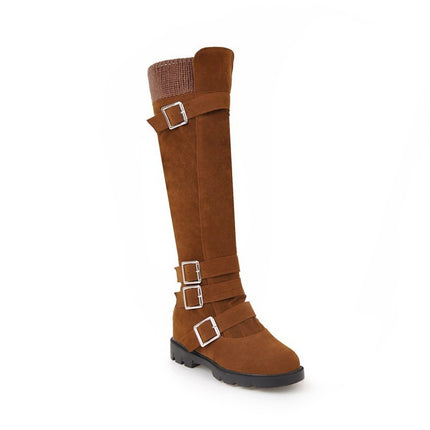 Brown knee-high boot with buckles on a white background