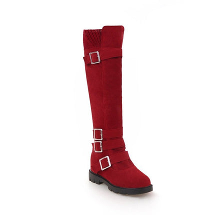 Red knee-high boot with silver buckles on a white background