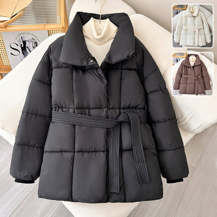 Black puffer jacket with a belt on a mannequin, with inset images of other colors.