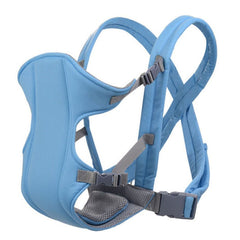Blue baby carrier with gray straps
