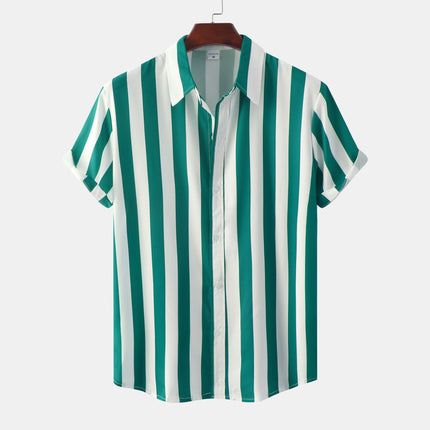 Green and white striped shirt on a hanger against a white background