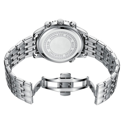 Men’s stainless steel watch with silver case and gray strap, fashionable quartz timepiece for daily wear.