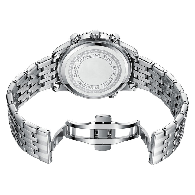 Men’s stainless steel watch with silver case and gray strap, fashionable quartz timepiece for daily wear.