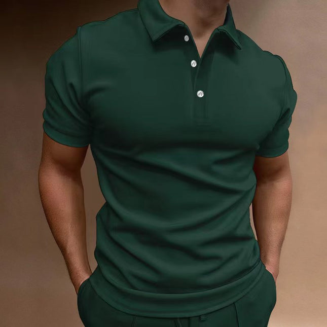 Green polo shirt worn by a person on a brown background