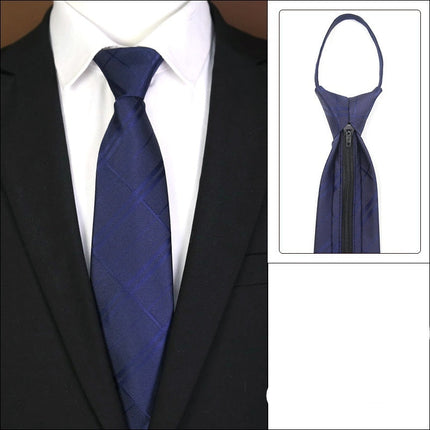 Blue tie with a zipper mechanism worn by a person, with an inset showing the tie's design.