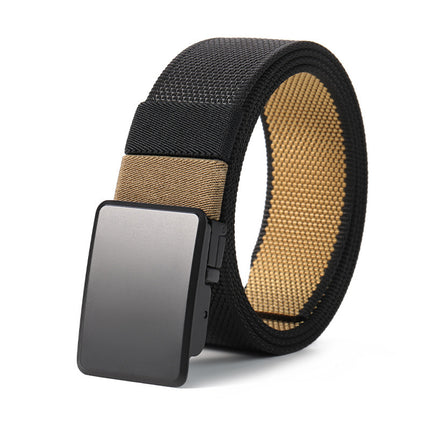 Black and beige belt with a metallic buckle on a white background