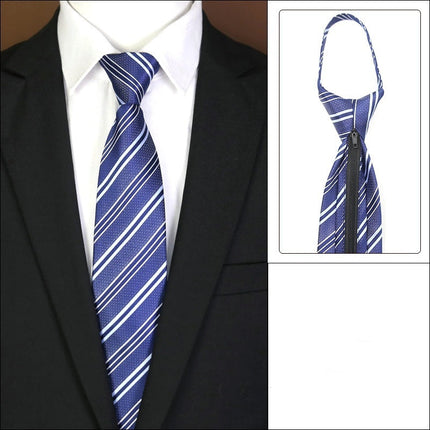 Blue striped tie with knot-free zipper feature on a suit.