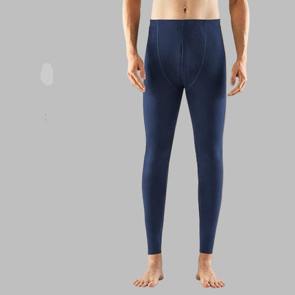 Navy blue pants with features listed on a beige background