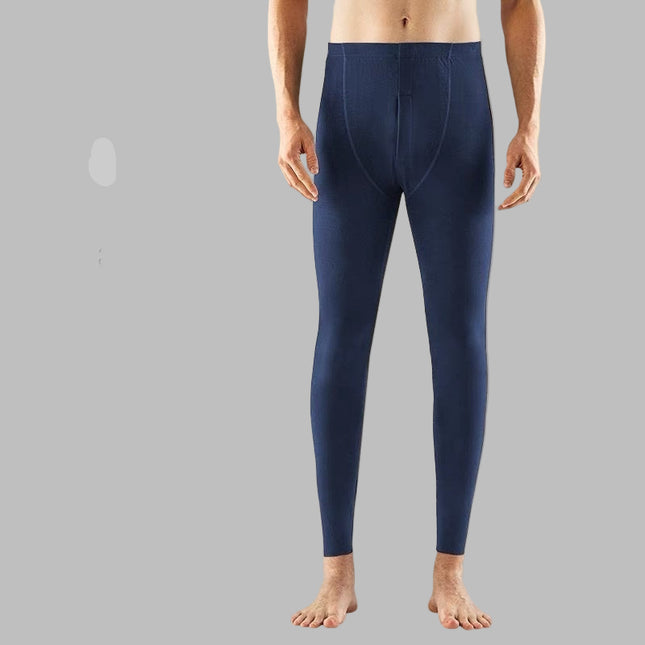 Navy blue pants with features listed on a beige background