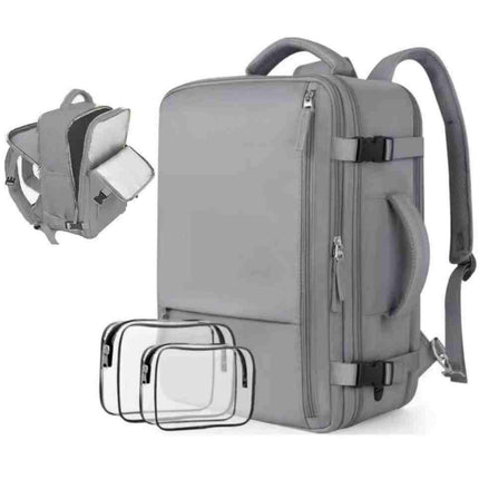 Gray backpack with additional clear pouches on a white background