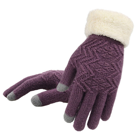 Purple gloves with white fur cuff on a white background
