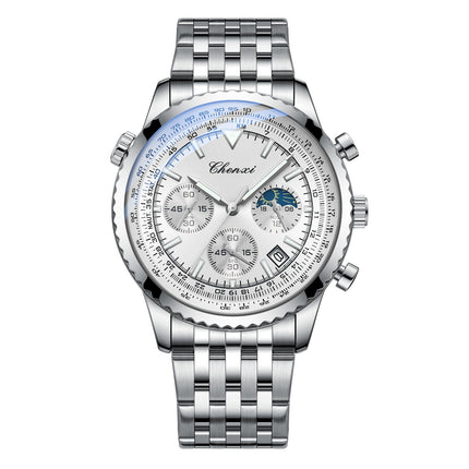 Men’s versatile wristwatch with silver case and white stainless steel strap, elegant sports design