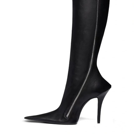Black leather knee-high boot with a high heel on a white background